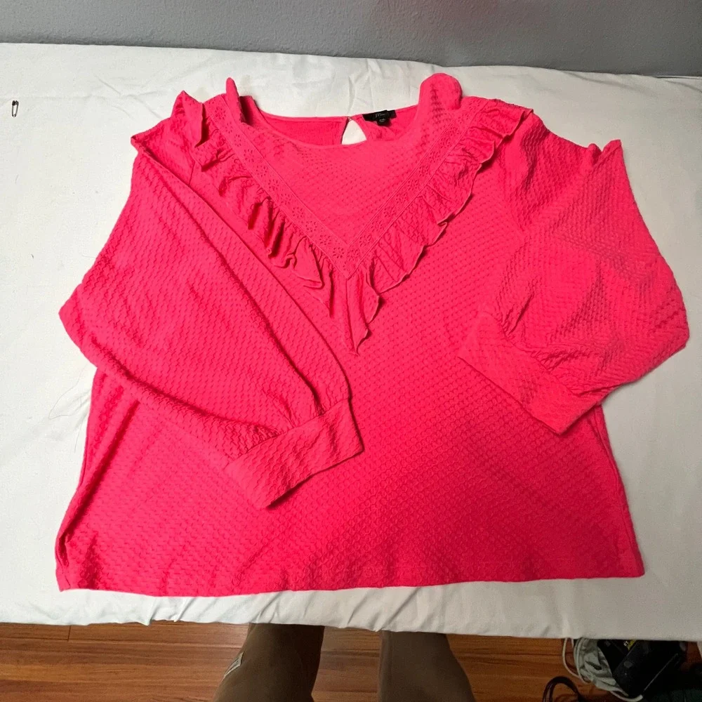 NWT J. Crew Textured Ruffle Neck Long Sleeve Top Bright Pink XXL Valentines Love